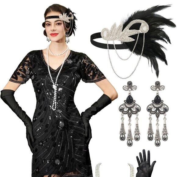 1920 Womens Flapper Dress Set Costume - Picture 1 of 2